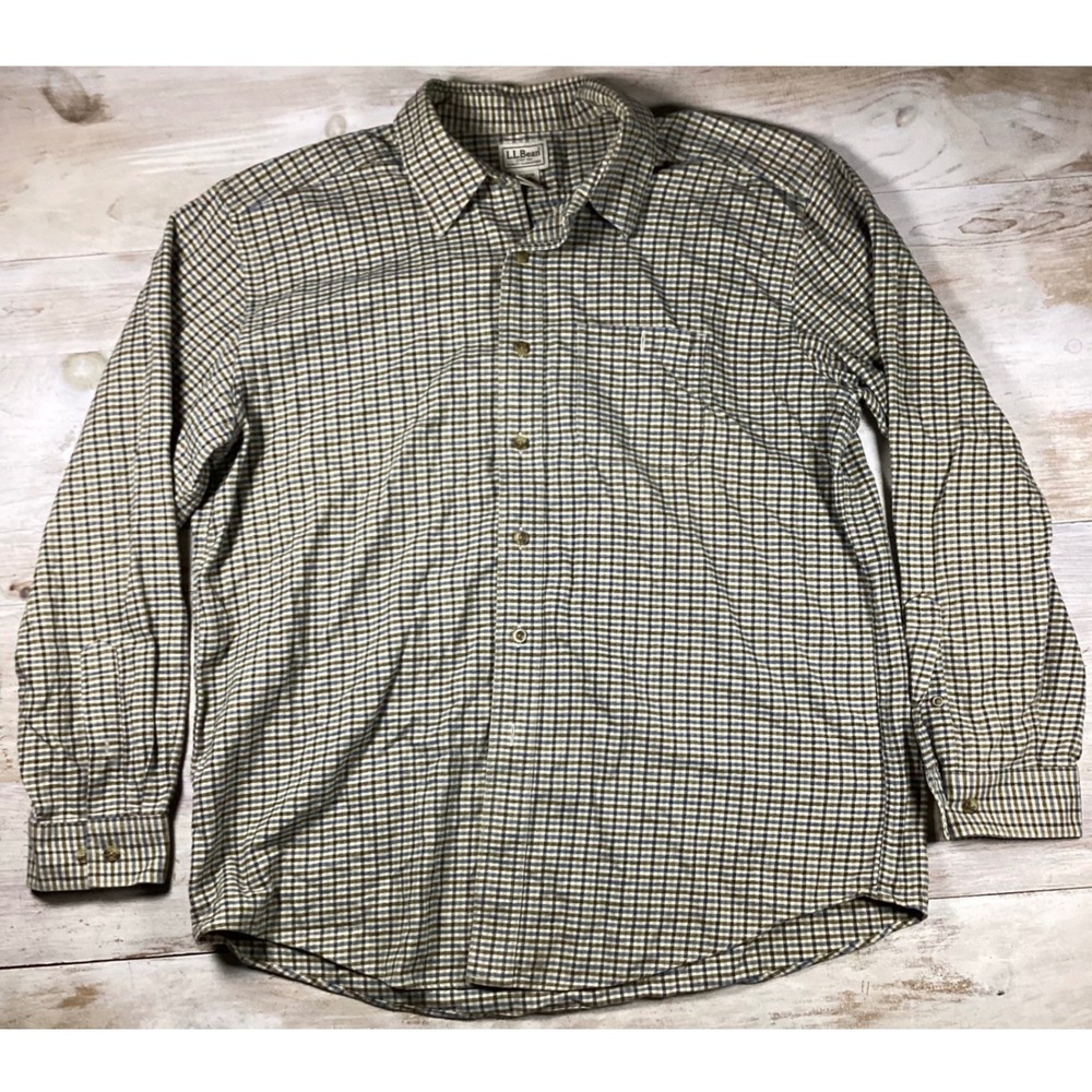 LL Bean Mens Plaid Button Down Shirt Large Regular Blue Brown Cotton 0JWV3